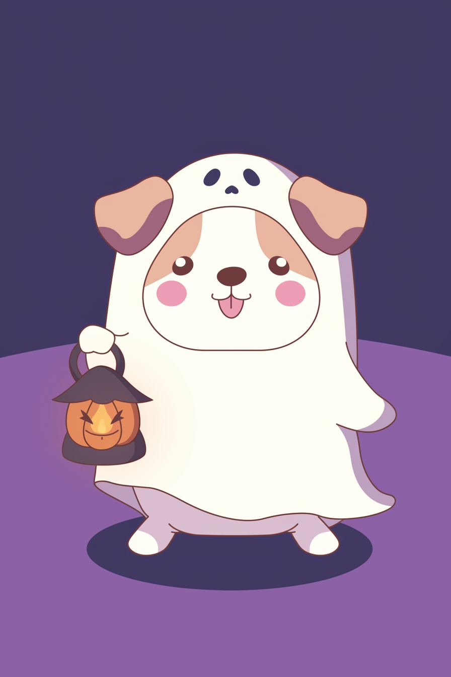 halloween cute animals drawings 2, depicting a charming puppy dressed as a ghost, holding a tiny pumpkin lantern.
